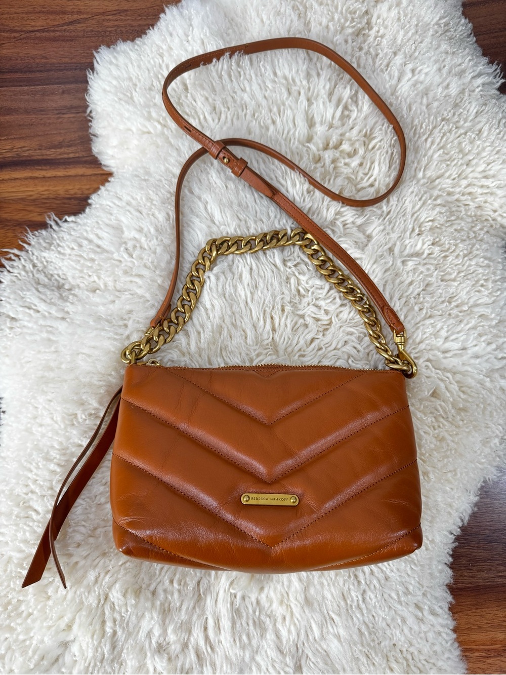Rebecca Minkoff Cognac Leather Shoulder Bag with Gold Chain